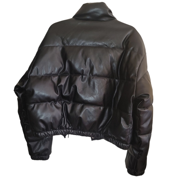 Pretty Little Thing Black Faux Leather Elastic Hem Bubble Puffer Coat, Size L - Picture 4 of 11